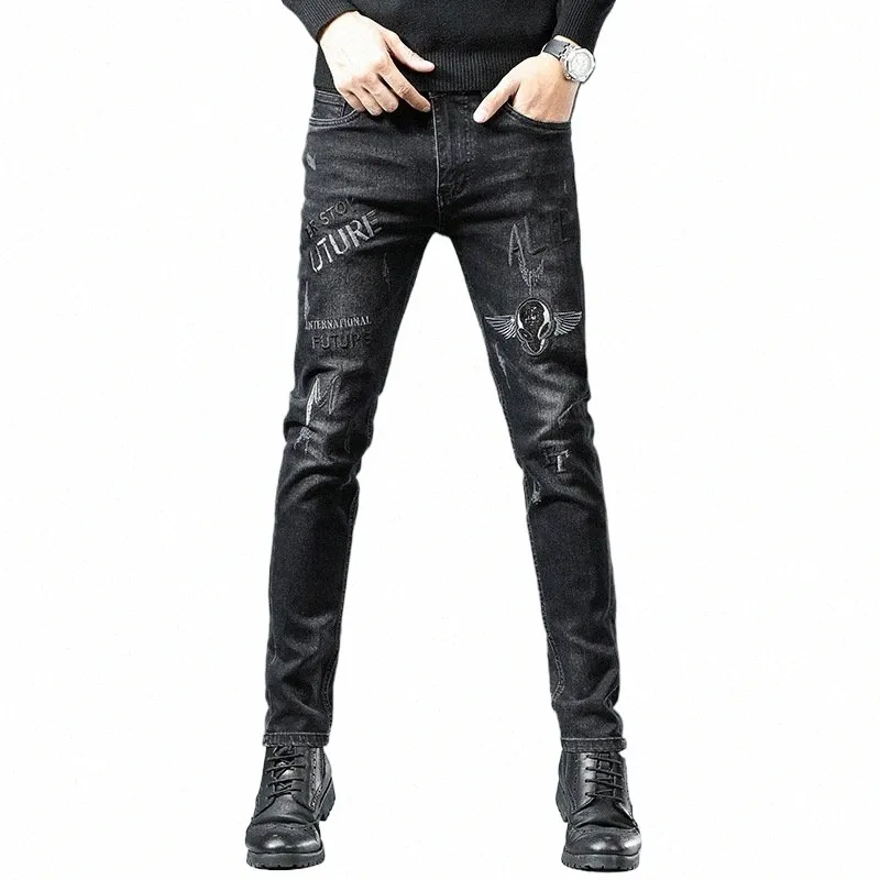Nova alta qualidade primavera outono bordado homens calças jeans skinny 90s streetwear cowboy masculino denim marca designer hiphop calças p3VW #