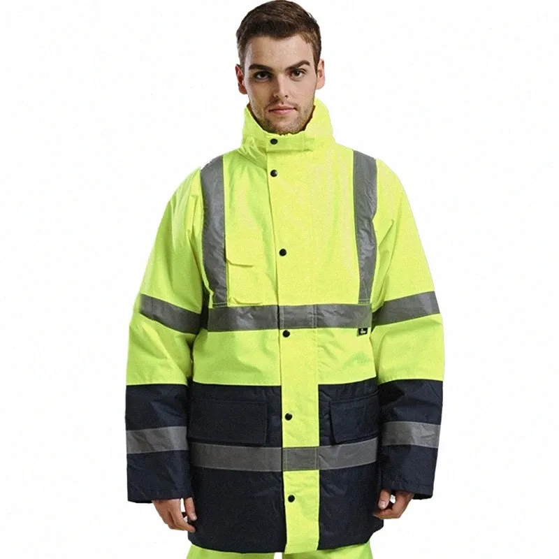 Parka Veste Hommes Chaud Hiver Adulte Vêtements Manteau Réfléchissant Salut Vis Veste de Travail avec Multi Poches Veste Imperméable Hommes T2yY #