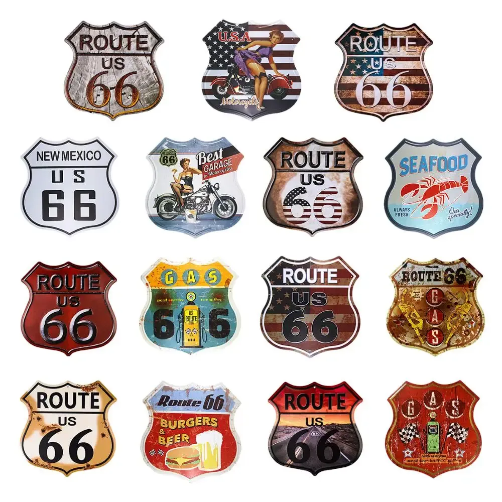 Sets Us Route 66 Unregelmäßiges Schild Metallblechschild Vintage Bar Motor Club Cafe Garage Pin-Up-Schilder Wanddekoration Retro-Metalltafeln