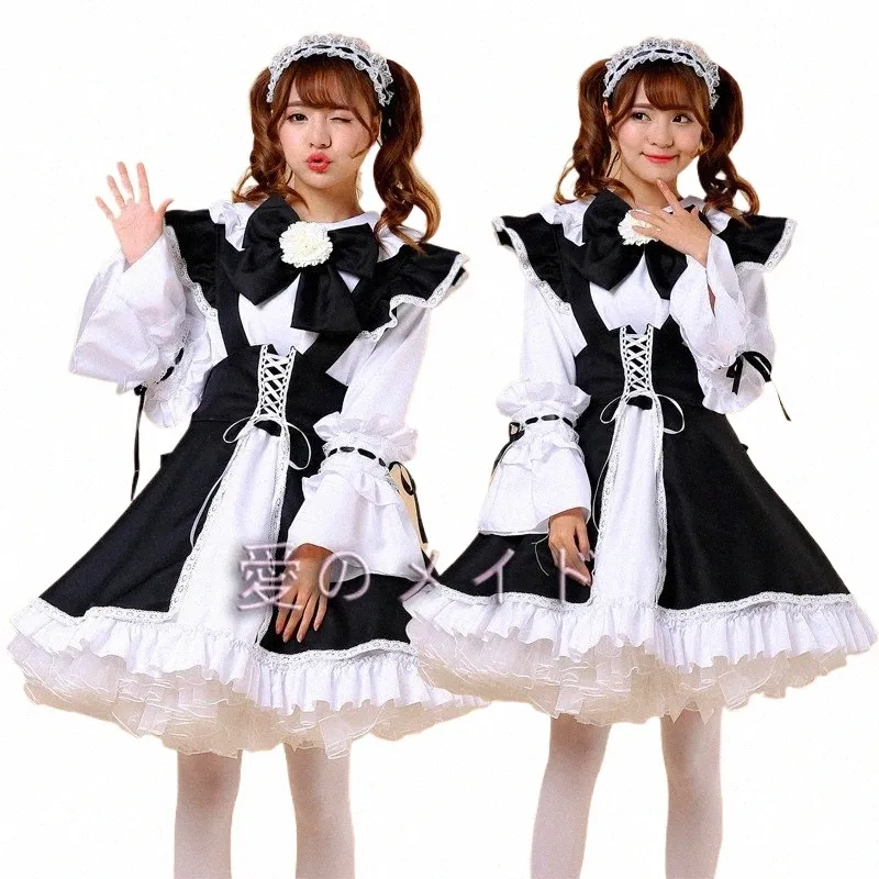 Kawaii Lolita Lg Dres COS Costume da cameriera per donna Apr Dres Carino Bowknot Dolce giapponese Dr Nero Rosso Rosa Verde Blu XXXL b35I #