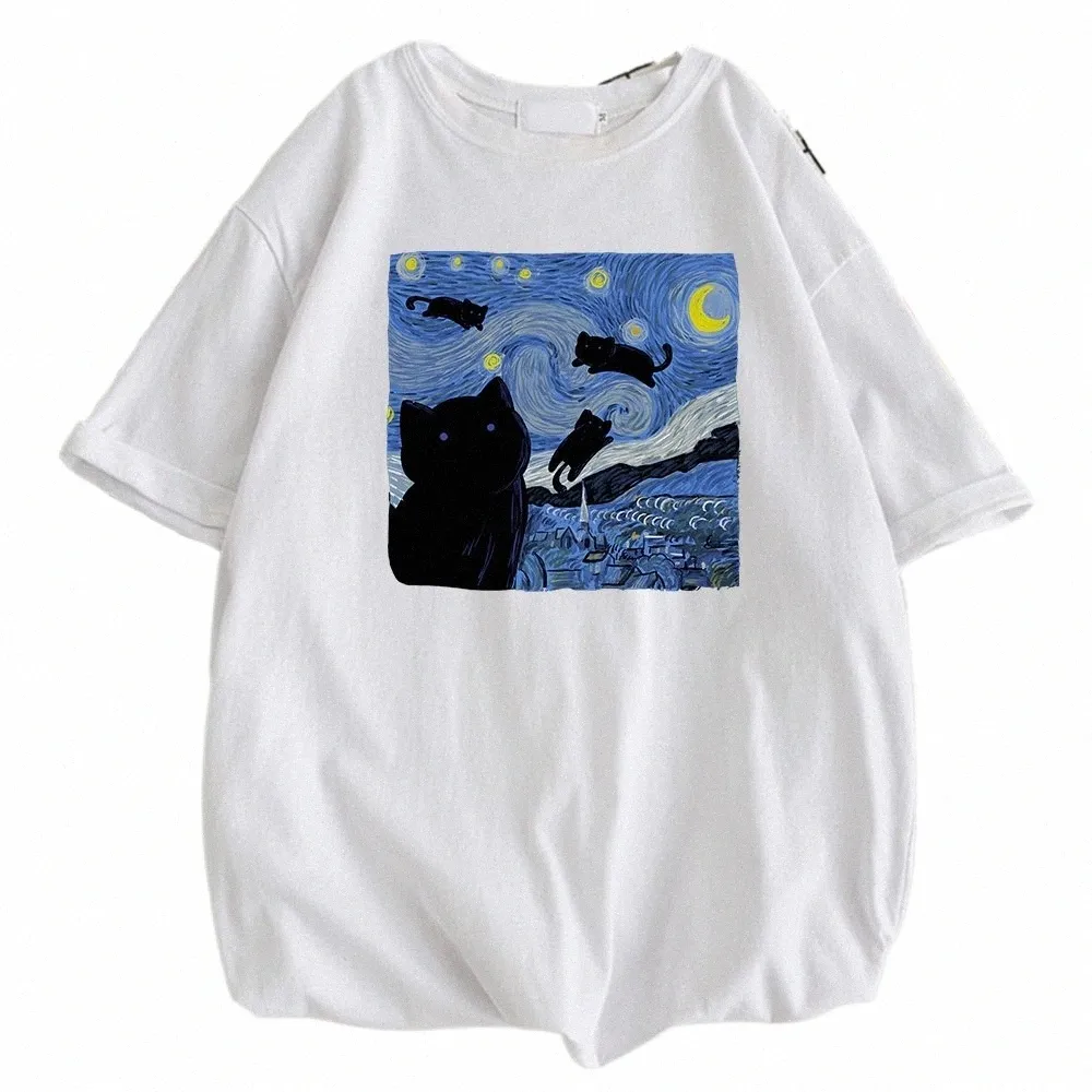 Vincent van Gogh Starry Gece Sevimli Kedi Erkekler Pamuk Kısa Kollu Crewneck Sıradan Üstler Yaratıcı Büyük Boy Kısa Kollu Mans Giyim Y68S#