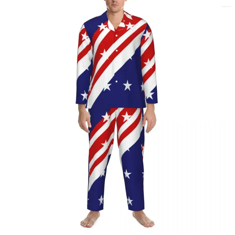 Startseite Kleidung Amerikanische Flagge Rot Blau Pyjamas Mann Sterne N Streifen 4. Juli Freizeit Nachtwäsche Herbst 2 Stück Lässiger Oversize-Pyjama nach Maß