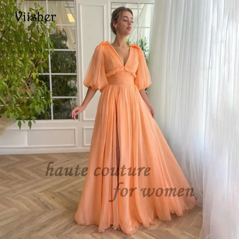 Party Dresses Orange Chiffon Prom Puffy Sleeve V Neck A Line aftonklänning med slitsgolv Längd Formell klänningar spetsar tillbaka