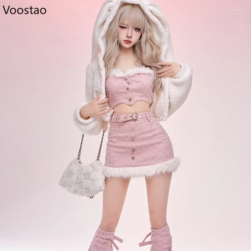 Abiti da lavoro giapponese rosa Kawaii Lolita 4 pezzi set donne orecchie giacca con cappuccio dolce minigonna vestito femminile coreano partito casual Y2k