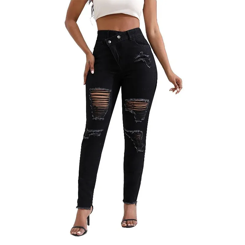 Sexiga kvinnor Hög midja Slim Ripped Jeans Plus Size Hole High Street byxor Stretch Pencil Pants Trendy Black Leggings Jeans 240318