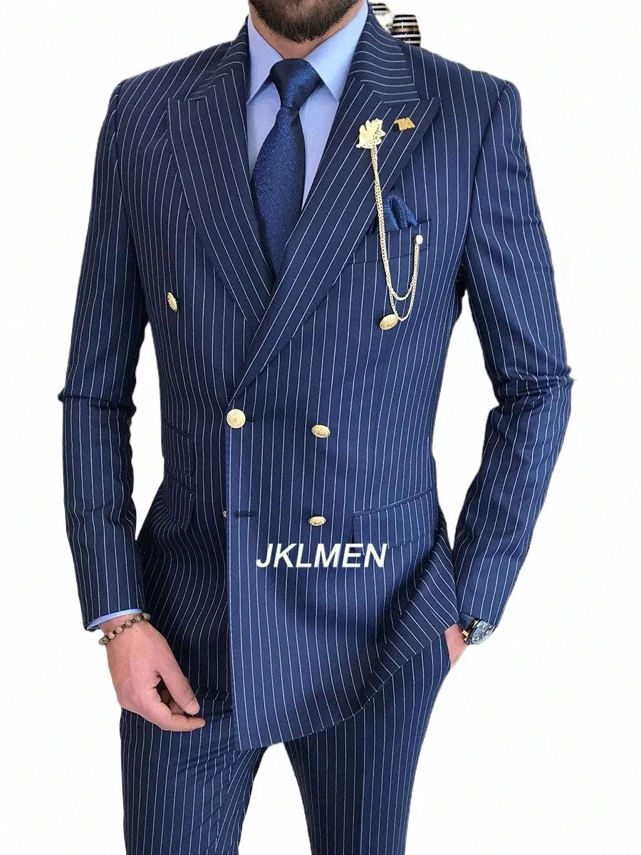 2024 Mannen Pak 2 Stuks Gestreept Pak Double Breasted Pakken Voor Bruiloft Bruidegom Bruidsjonkers High-End Busin casual Kleding k0Jj #