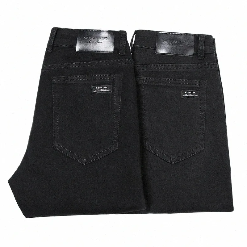 2022 Automne Printemps Ajusté Droit Stretch Denim Jeans Style Classique Noir Jeunes Hommes Busin Jeans Occasionnels Pantalon T69d #