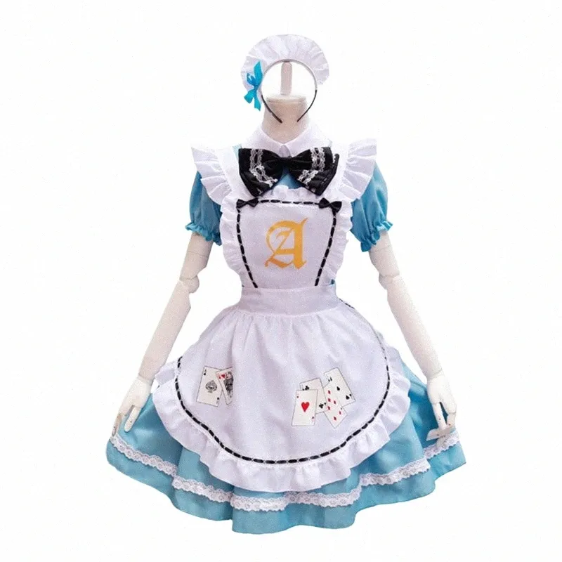 Azul Alice Playing Cards Lolita Maid Dr Disfraces Cosplay para niñas Mujer Waitr Alice Poker Maid Party Stage Costume H07u #