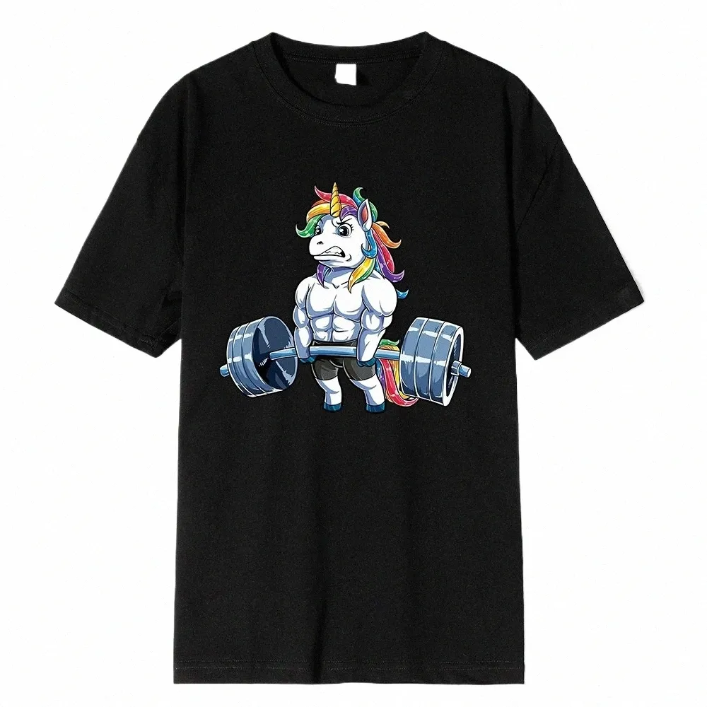 Komik Spor Salonu Unicorn Fitn Vücut Geliştirme Crewneck T Shirt Erkek Günlük Kısa Kollu Tees Tops Dropship P07L#