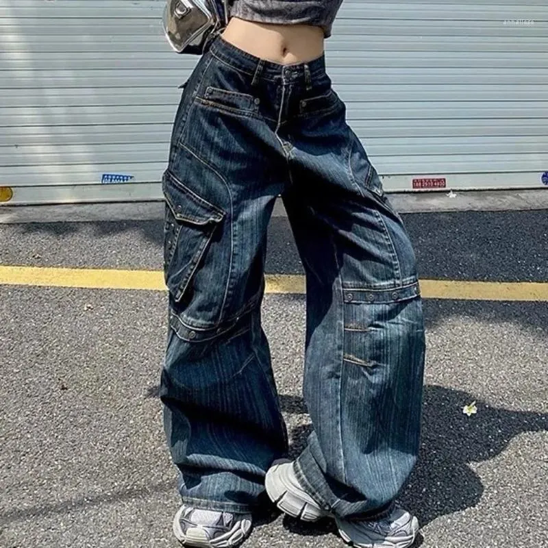 Jeans da donna Tasca da donna americana per l'industria pesante Y2K Street Straight Pantaloni larghi lavati lavati di grandi dimensioni Harajuku che asciugano i pantaloni a gamba larga