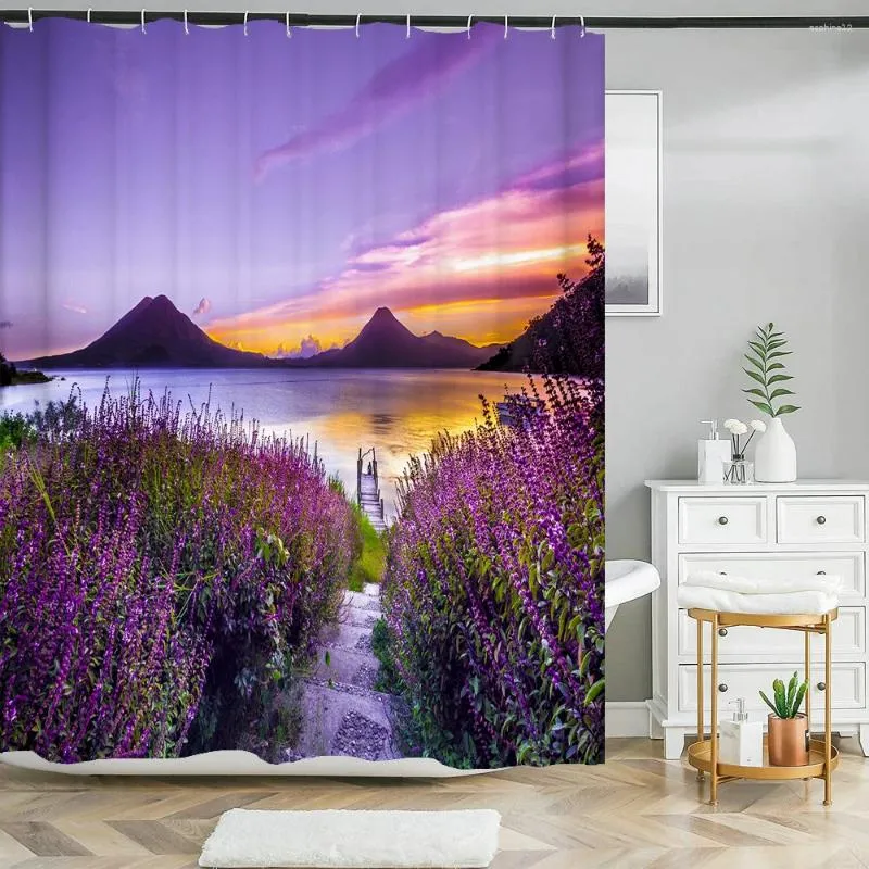 Tende da doccia Tenda con stampa di paesaggi color lavanda Bagno naturale Bagno in tessuto impermeabile con gancio per la decorazione domestica