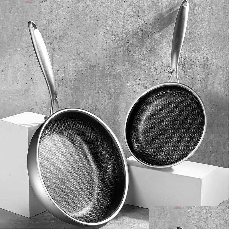 Pans 2026Cm Frying Pan Food Grade 304 Stainless Steel Non Stick Honeycomb Pot Bottom Induction Cooker Gas Stove General Wok 230605 Dro Dhbgr