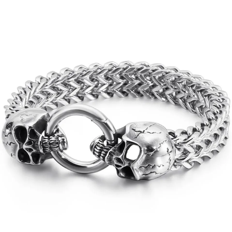 Link chain gótico duplo crânio homem pulseira em aço inoxidável masculino charme pulseiras steampunk esqueleto jóias convidados presenteslink259y