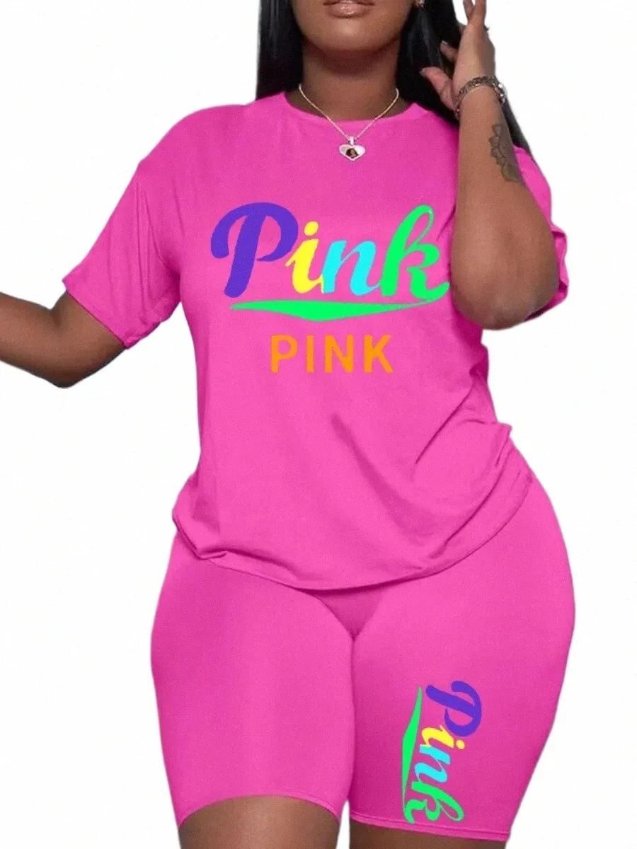 L-5XL LW Plus Size Pink Letter Shorts مجموعة الصيف جولة الرقبة Skinny 2pcs النساء غير الرسمي قطعتين