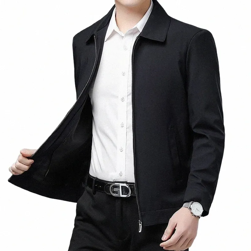 smooth Zipper Turn Down Collar Men's Jacket Solid Color Middle-aged Men Casual Jackets for Men's Office Dr Work Jacket Loose d9uH#