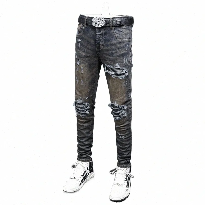 High Street Fi Hommes Jeans Rétro Mer Stretch Skinny Fit Ripped Jeans En Cuir Patché Designer Hip Hop Marque Pantalon Hombre J0y3 #