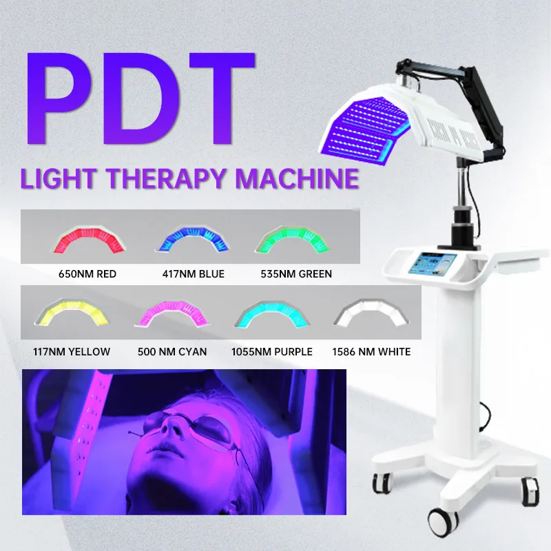 Itens quentes 7 pdt conduziu a máquina da beleza da terapia da luz cuidados faciais pdt com luzes vermelhas/azul/amarelas/verdes grandes lâmpadas led de alta potência para cuidados com a pele