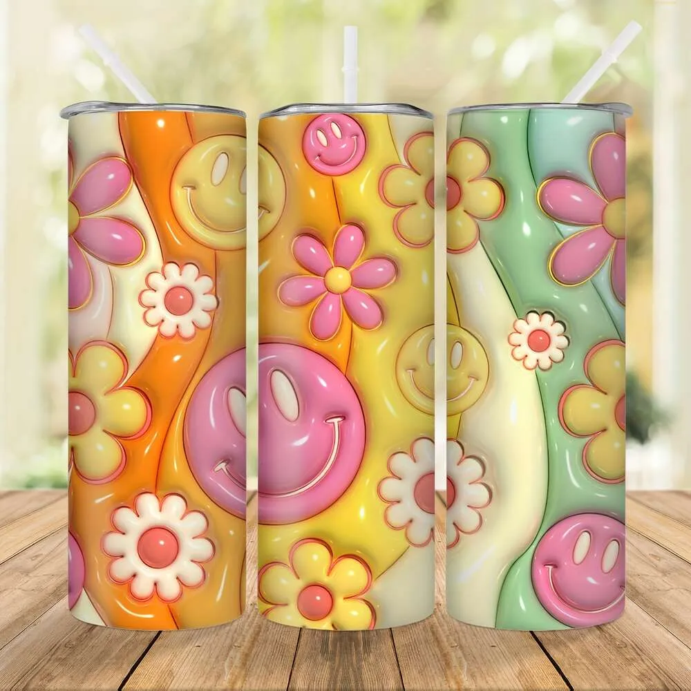 1pc, mignon visages souriants fleurs Tumbler avec couvercle et paille, bouteille en acier inoxydable de 20 oz, tasses à eau droite isolées sous vide, boisson d'hiver d'été, extérieur