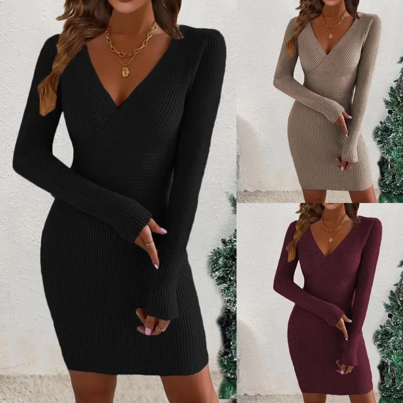 Casual Dresses Summer Sexy Club Off Shoulder Bodycon Dress For Women Long Sleeve Black Knitted Sweater Mini Woman Robe Femme