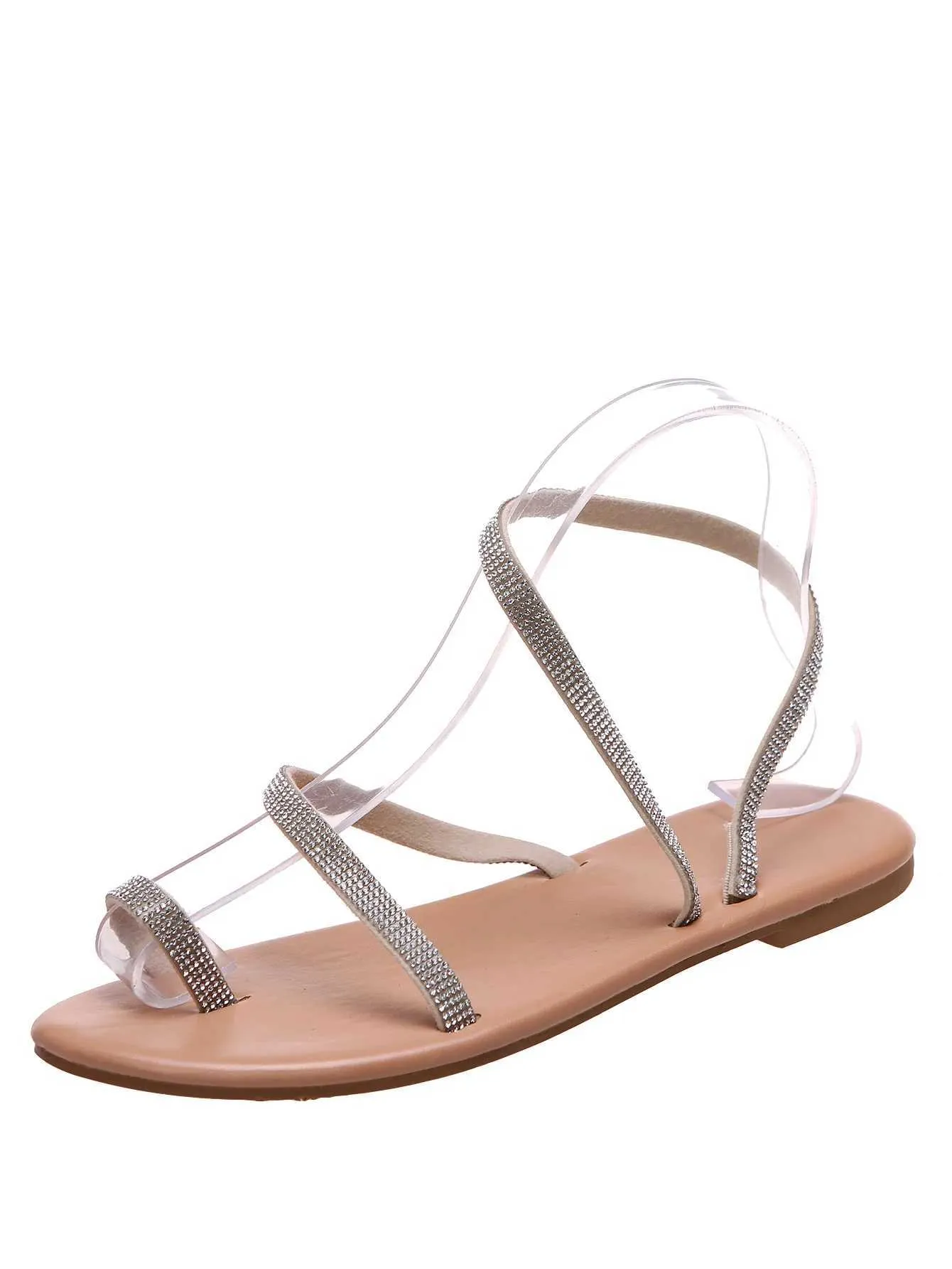 Sandales 2023 Chaussures plates d'été Perle en cuir gaufré Femmes Plage Vacances Brillant Grande taille H240328B013
