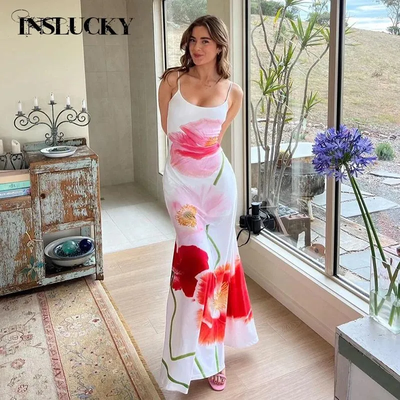 Casual Dresses Inslucky Summer Spaghetti Strap Backless Print strandklänning Kvinnor ärmlös Slim Sexig Böhmen Elegant Party Ankle-längd