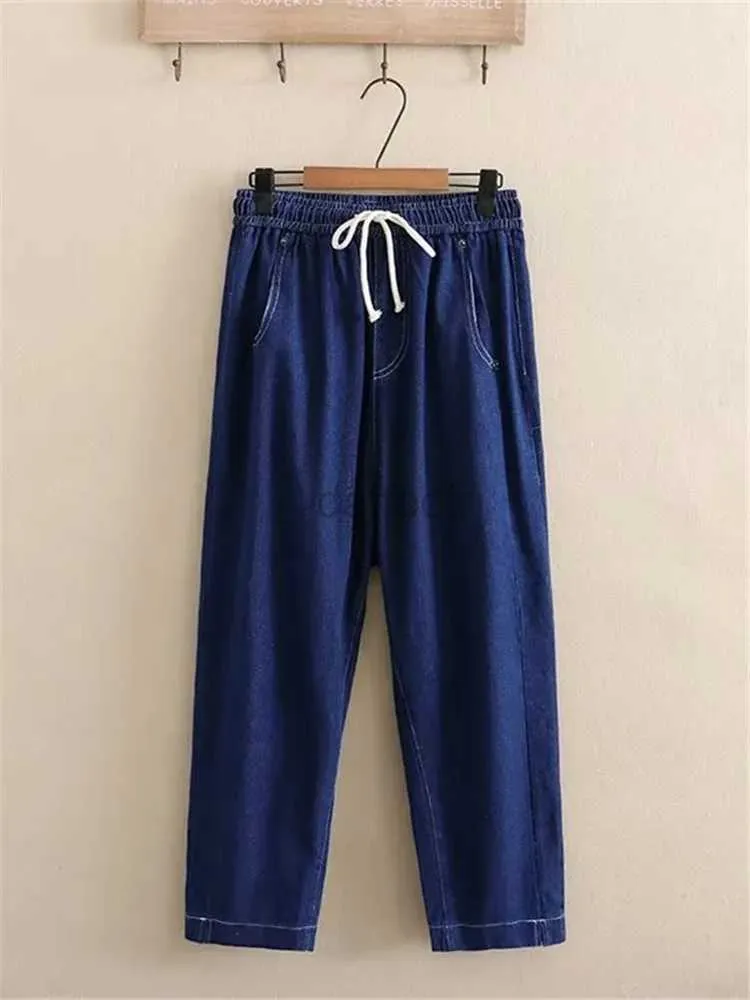 Dżinsy damskie damskie damskie dżinsy elastyczne talia z krawatami proste spodnie sprężyny i jesień długie spodnie o rozmiarach z kieszonkowymi dżinsami 24328