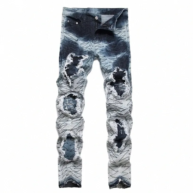 2024 Nouveau Fi Brodé Style Punk Jeans pour hommes Mi-taille Déchiré Patch Tissu Slim Denim Mendiant Pantalon r2J7 #