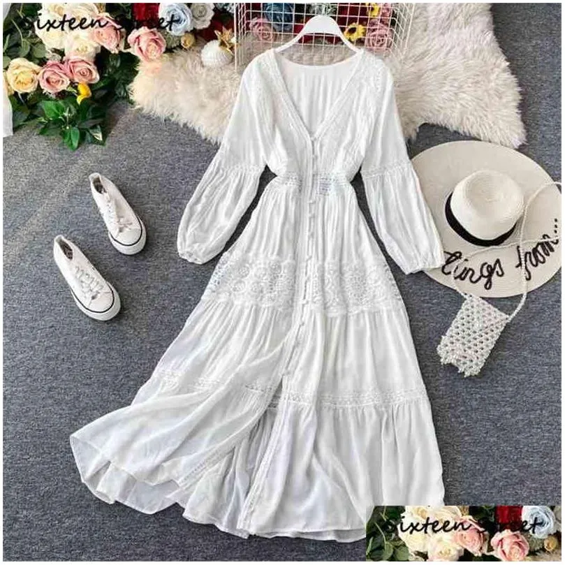 Basis Casual jurken Witte lange jurk voor vrouw V-neck Elegant Maxi Vestido Kleding kant hoge taille boho vintage bodycon vrouw 21 dhwz9