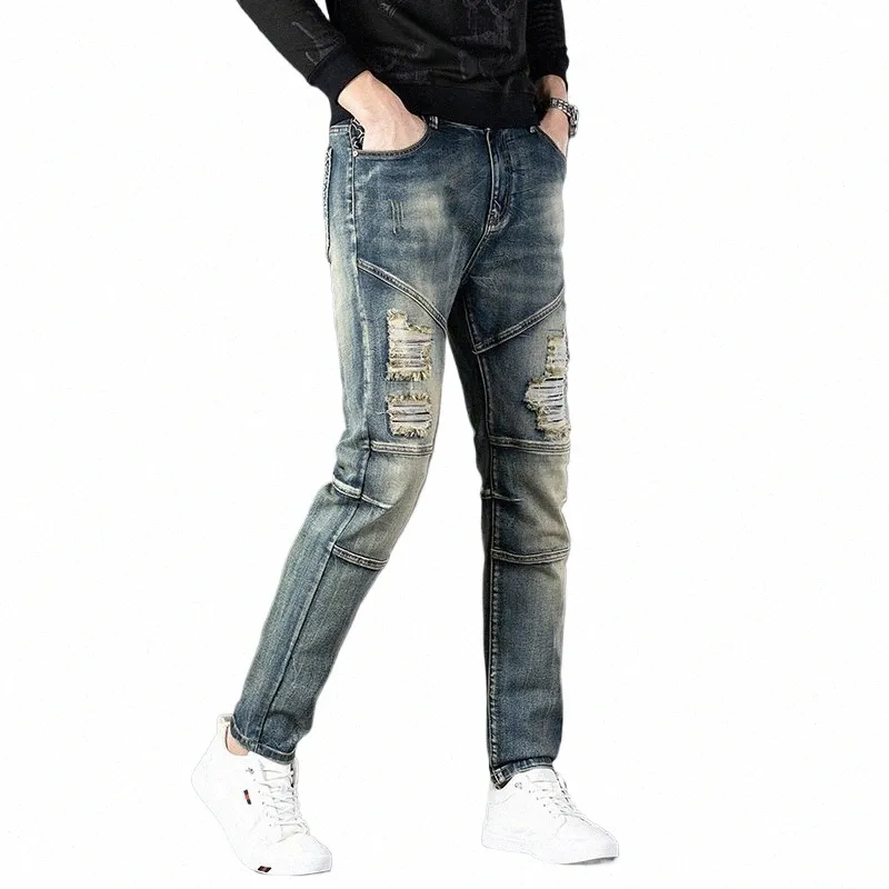 Gespleißte Motorrad Stretch Retro Jeans Männer Fi Marke Slim Fit Loch Mi Stickerei Hosen Party Hip Hop Plus Größe V2fY #