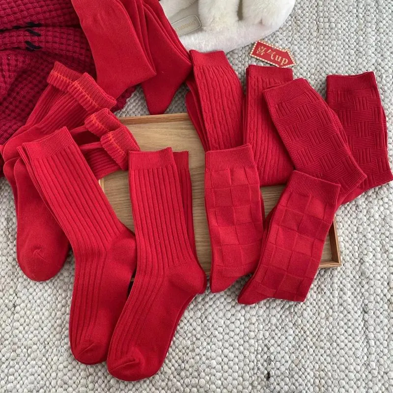 Women Socks Year Fashion Women's Cotton Autumn Winter Girls Retro Red Long Comfortable Christmas Gift Mid-tube Female