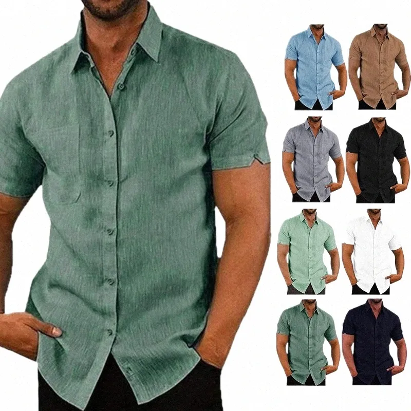 Verano Cott Lino Camisas casuales Hombres Manga corta Color sólido Turn Down Collar Camisa para hombre Transpirable Playa Estilo Blusa U6HI #