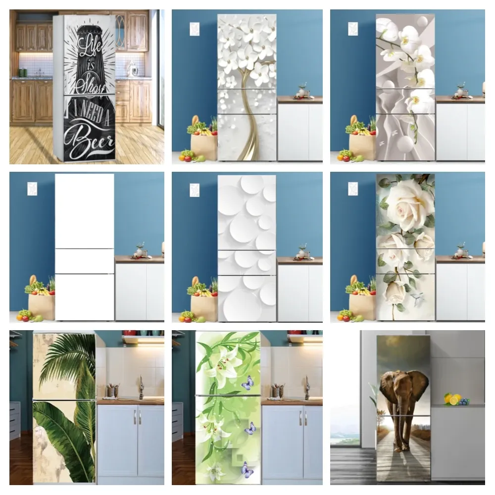 Stickers Selfadhesive Sticker On The Fridge Door Cover Decorative Film Kitchen Refrigerator Wallpaper White Flower Decal Green Full Wrap