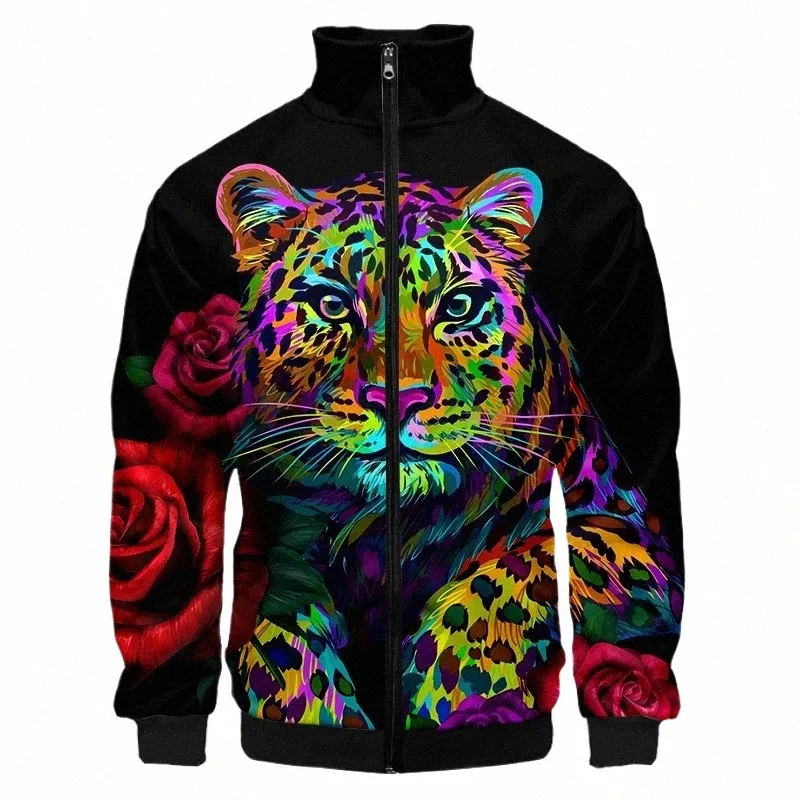 Tiger Leopard Animal Rose Man Autumn Fi Fit Zip Jacket 3D Tryckt roliga överdimensionerade kläder Hombre Zipper Coat Drop Ship V8ZJ#