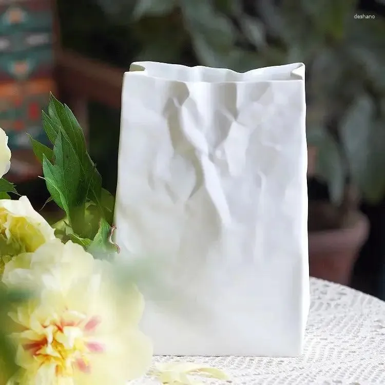 Vasi Sacchetti di carta pieghettati creativi Vaso in ceramica Pianta moderna e minimalista Terrario idroponico Arte Fiore bianco arrosto semplice
