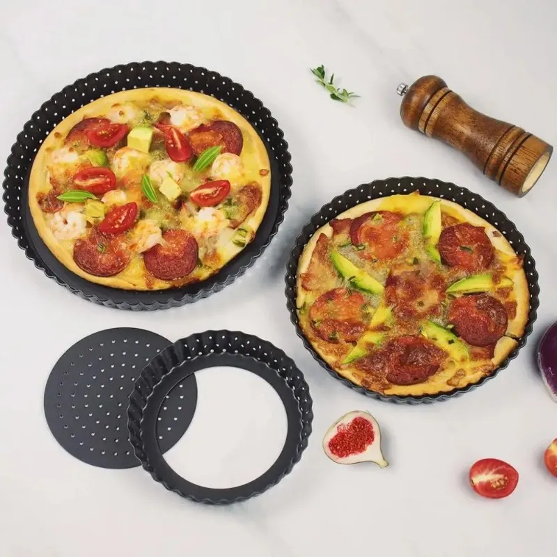 Poêle antiadhésive avec trous, moules à tarte, Pizza, gâteau rond, fond amovible cannelé, ustensiles de cuisson robustes, 2024