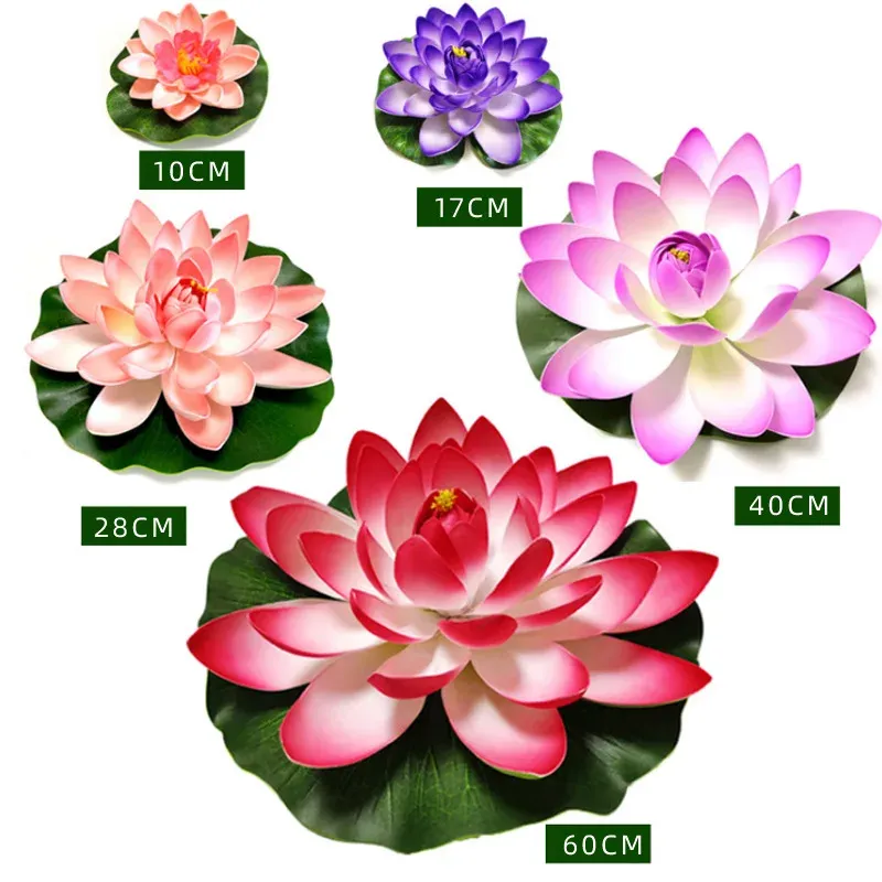 Products 10/17/28/40/60cm Lotus Artificial Flower Floating Fake Lotus Plant Lifelike Water Lily Micro Landscape for Pond Garden Decor