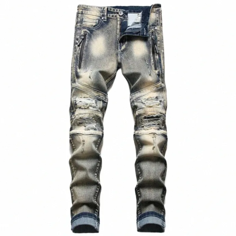 2022 FI MENS BIKER RETRO Dżinsy Autumn Streetwear Spodni Mężczyznę Szczupły Zniszczone rozdarte podarte dżinsowe spodnie vaqueros hombre x3qs#