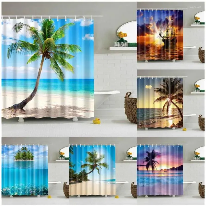 Dusch gardiner hav vid stranden strandgardin kokosnöt träd solnedgång segelbåt natur landskap bad tyg badrum dekorera skärm set krokar