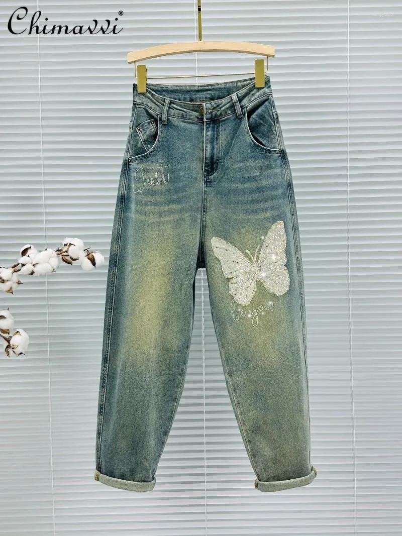 Kvinnors jeans europeiska varor Tunga borrning Sequined Daddy Women 2024 Spring High midja Slim Streetwear Loose Radish Baggy Pants