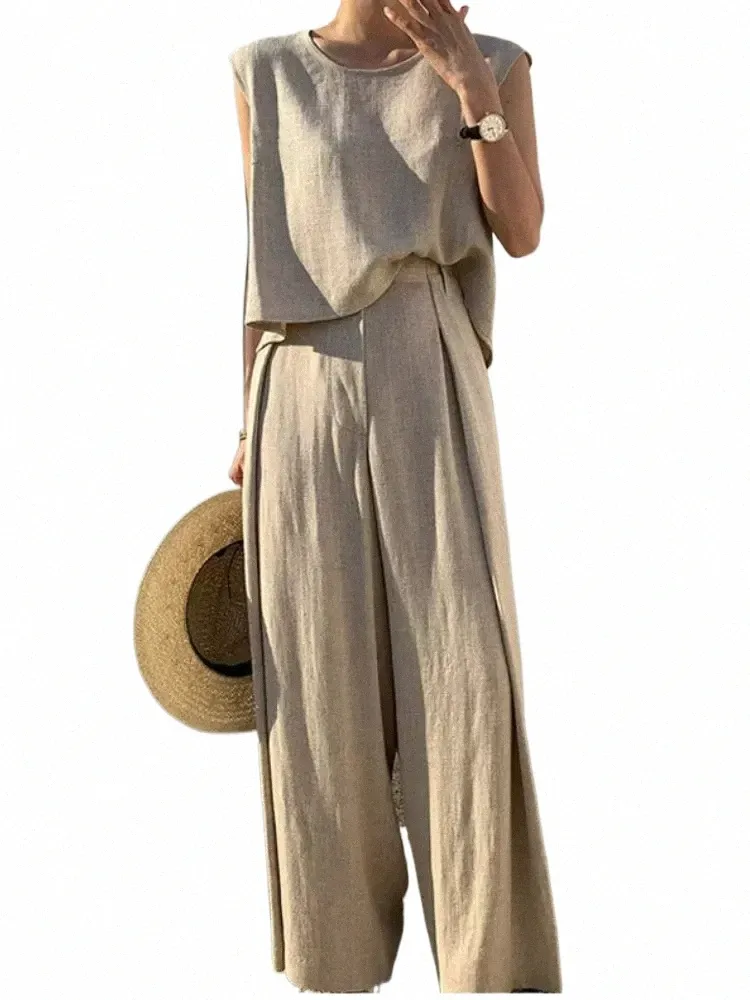 2024 Spring and Summer New Cott and Linen Fi Casual Loose Two-piece Sleevel Top Loose Wide-leg Pants Ladies Pants Sets s2ms#