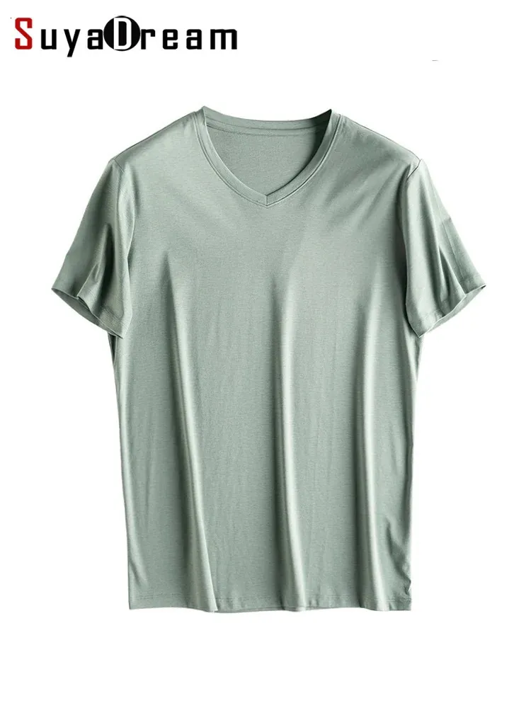 Suyadream Mens Solid Tee Cotton Cotton Silk Blend Plain oネック半袖居心地の良いTシャツ夏シンプルシックトップホワイトブラック240319