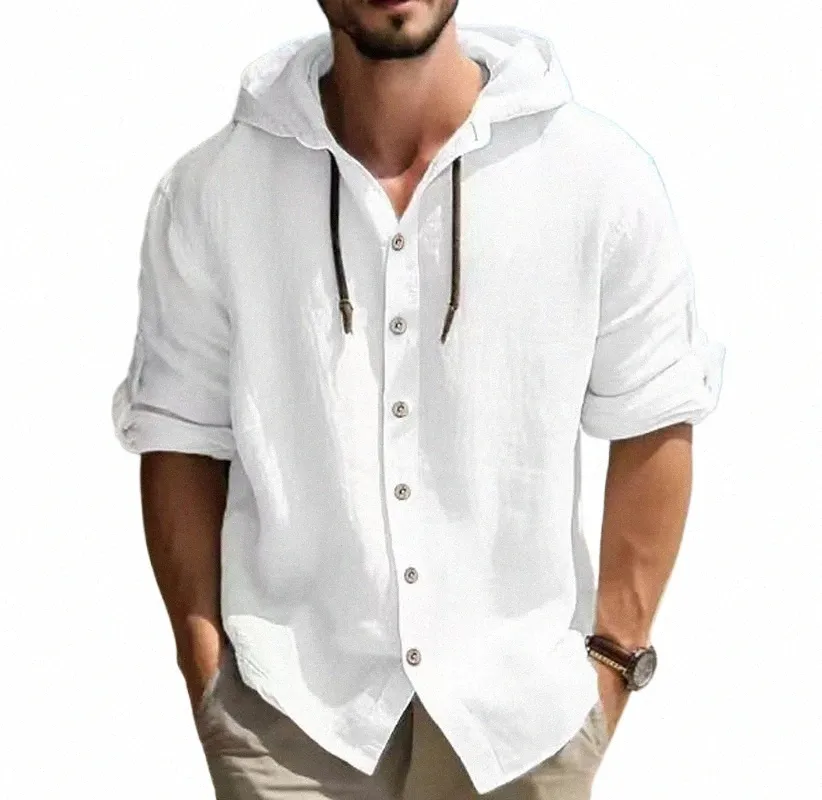 Letnia męska lniana koszula solidna streetwear lg rękawie bluza z kapturem Cardigan Carding do męskich topów swobodne luźne koszulki S1EB#