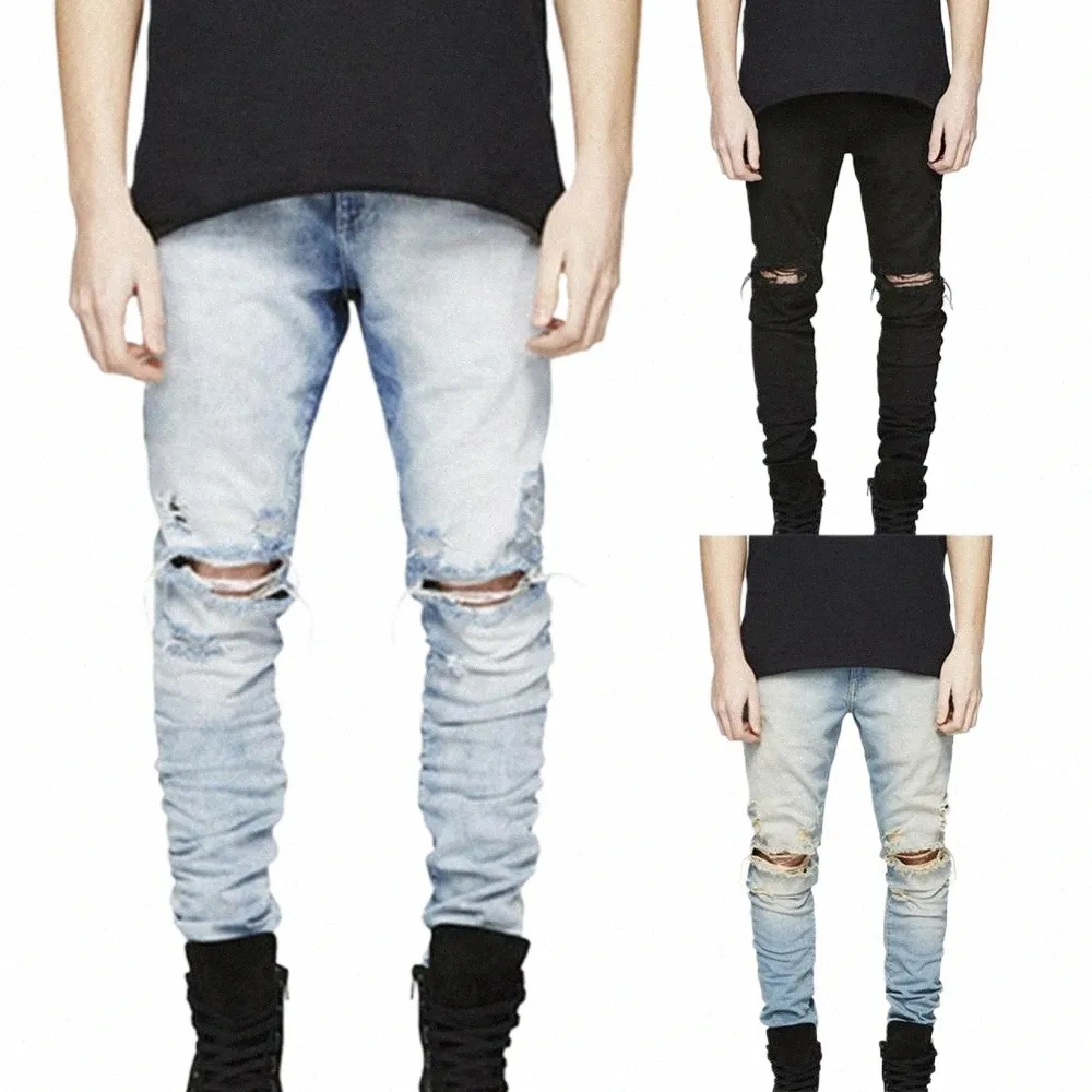 full Length Jeans Straight Denim Trousers jeans Fi Men Destroyed Ripped Slim Jeans Skinny Denim Pants Stretch Lg Trousers 630b#