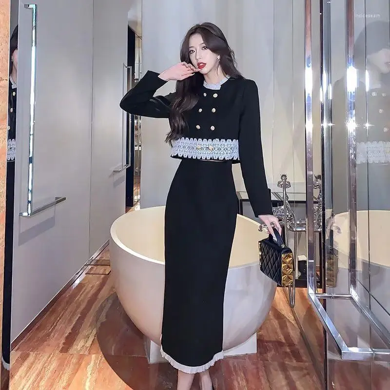 Sukienki robocze Koreańskie dama wdzięczna czarna kurtka spódnice dwuczęściowy zestaw eleganckie koronkowe patchwork płaszcze A-line spódnica 2024