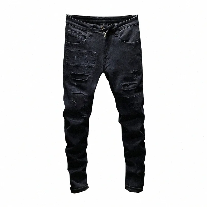 Jeans déchirés pour hommes Slim Skinny Fit Black Stretch Hip Hop Denim Pantalon Patchwork Distred Pantalons pour hommes Fi Streetwear x1sb #