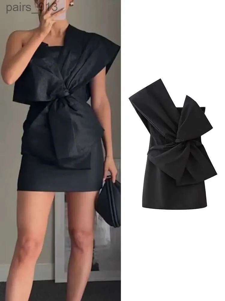 Basic Casual Dresses TRAF 2024 Womens Party Mini Dress Pleated One-shoulder Bow Elegant Sleeveless For Women Fashion Black Club yq240328