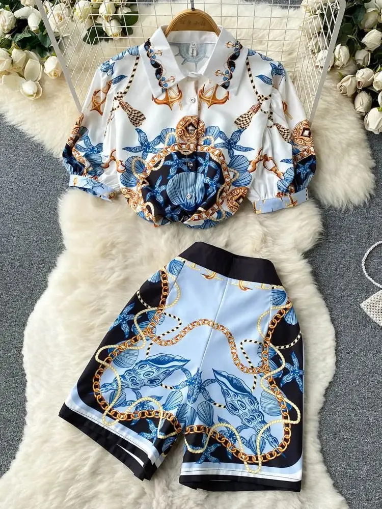 Vintage Print Two Piece Shorts Set - Summer Style, Ladies Two Piece ...