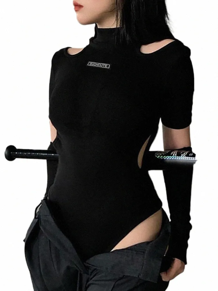 Goth Dark Techwear Punk Bodyc Frauen Bodys Gothic Y2k Schwarz Cut Out Sexy Sommer Tops Mit Handschuhe Grunge Fi Streetwear v1FL #