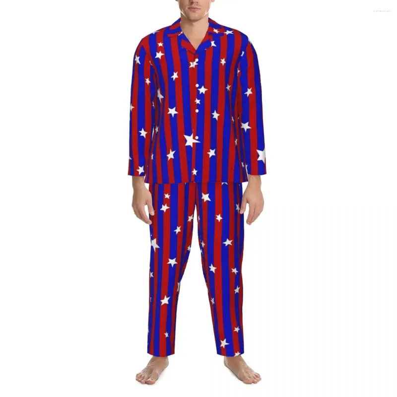 Accueil Vêtements Ensembles de pyjama étoiles et rayés Rouge Bleu Vêtements de nuit romantiques Couple Manches longues Casual Quotidien Costume Deux Pièces Grande Taille 2XL