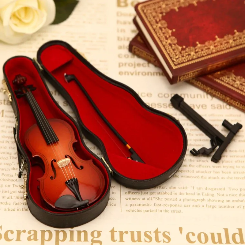 Miniatures Mini Violin Model Miniature Classical Violin Replica Decoration Display Small Musical Instrument Ornaments With Stand Case